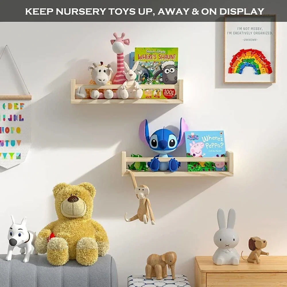 Nursery Shelves Set of 2 Natural Wood Floating Book Shelves for Kids Room 16.5x4